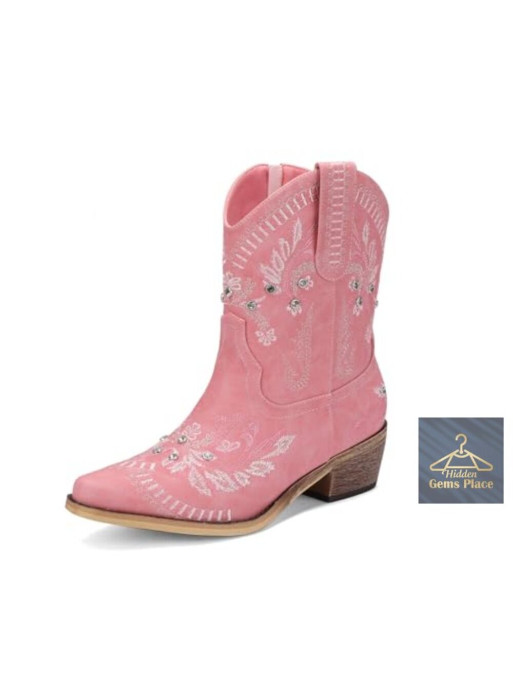 Women's Rhinestone Cowboy Ankle Boots with Embroidery Low Heel Side Zipper Wide